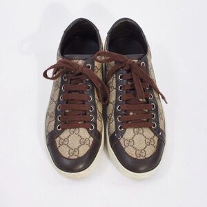 GUCCI BROWN LEATHER TRIM & BEIGE GG SUPREME CANVAS SNEAKERS